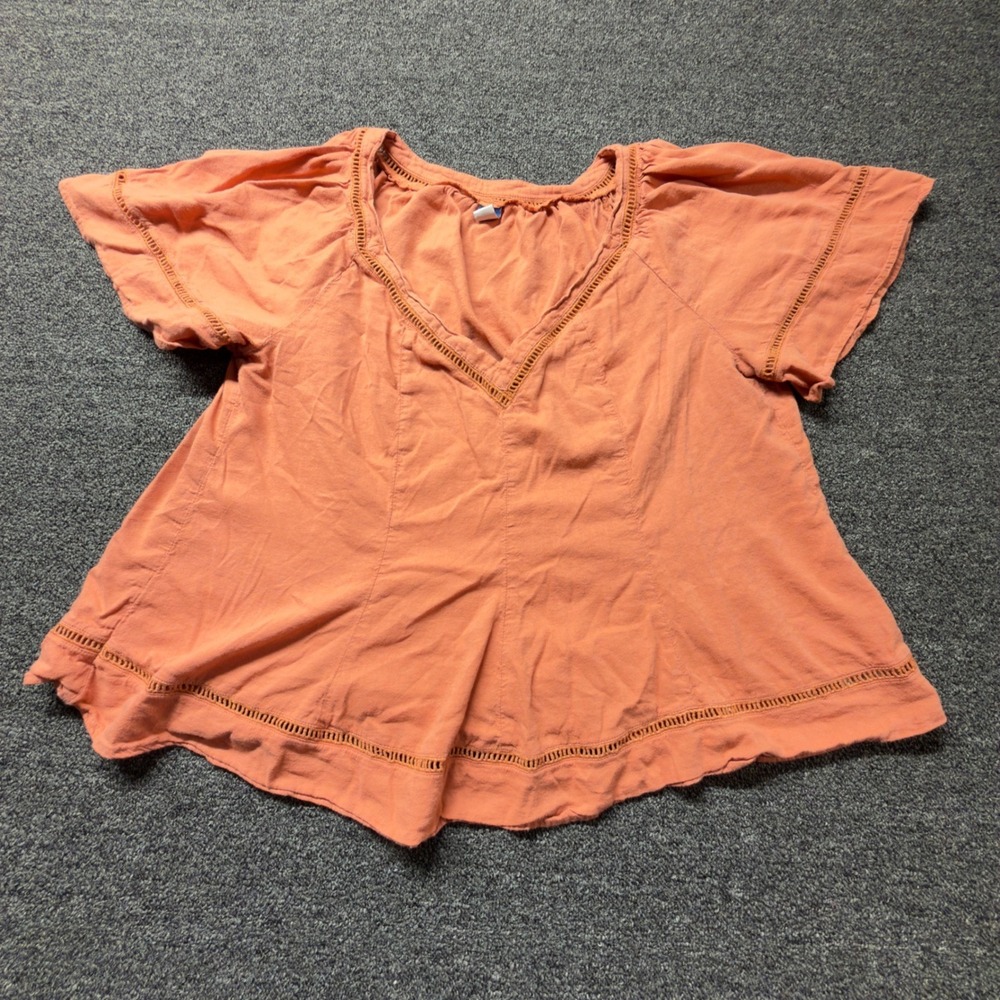 Old Navy‎ Womens Large Coral Orange Crochet Lace Trim V-Neck Peplum Blouse Top